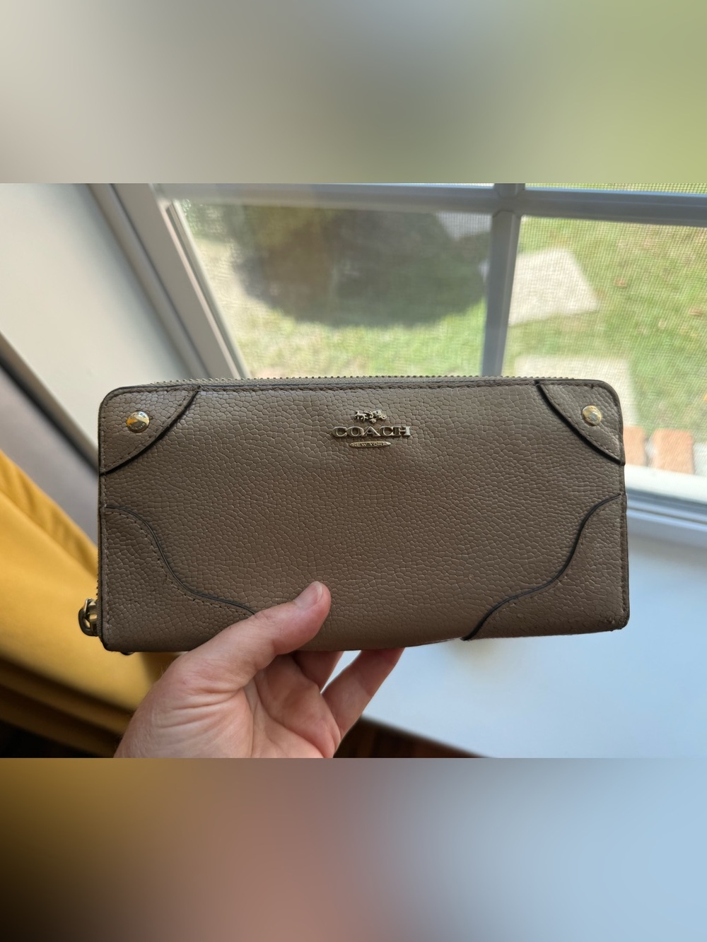 Coach Taupe Pebbled Leather Zip Wallet with Gold Accents